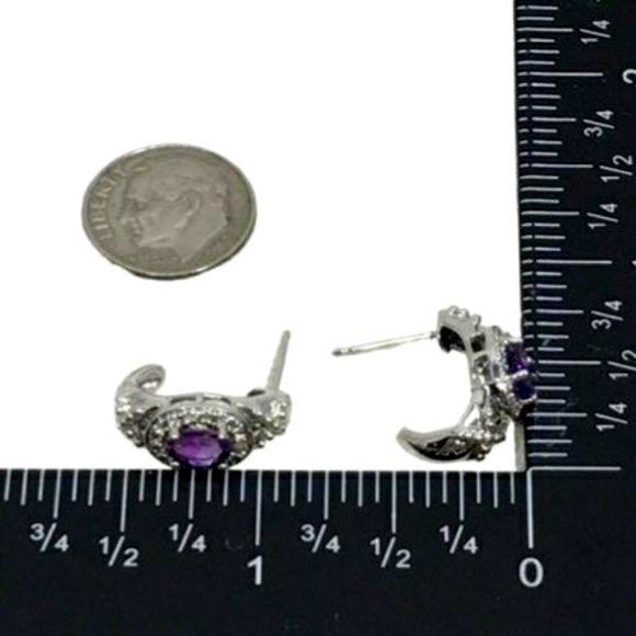 Amethyst & Diamond Accent Half Hoop Sterling Silver Earrings - Picture 12 of 13